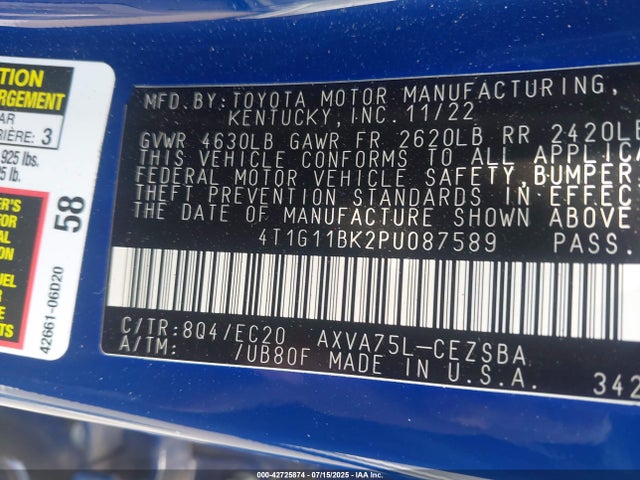 Toyota a25a-fks 2023 4T1G11BK2PU087589 Image 9