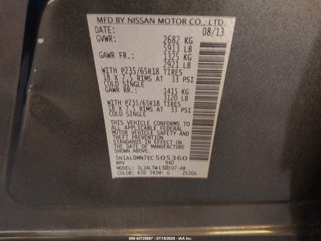 Infiniti 2014 2014 5N1AL0MN7EC505360 Image 9