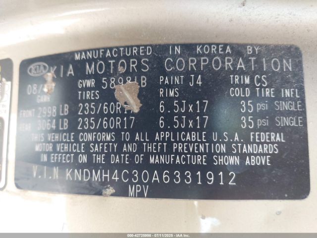 2010 KIA SEDONA KNDMH4C30A6331912 Photo 8