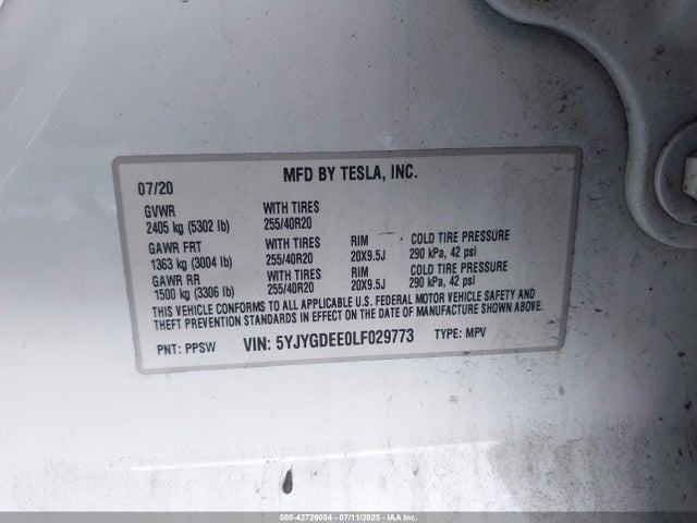 2020 TESLA MODEL Y 5YJYGDEE0LF029773 Photo 8
