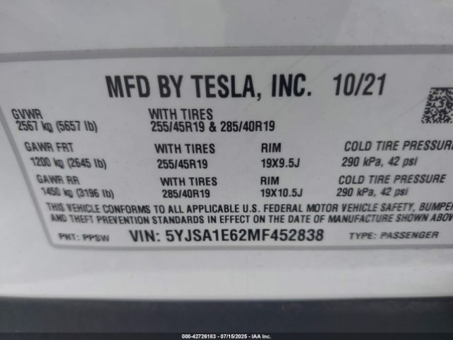 2021 TESLA MODEL S 5YJSA1E62MF452838 Photo 8