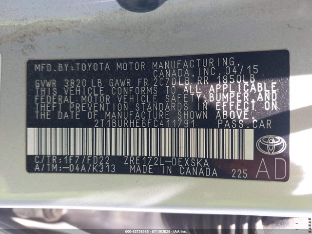 Toyota 2zr-fe 2015 2T1BURHE6FC411791 Image 9