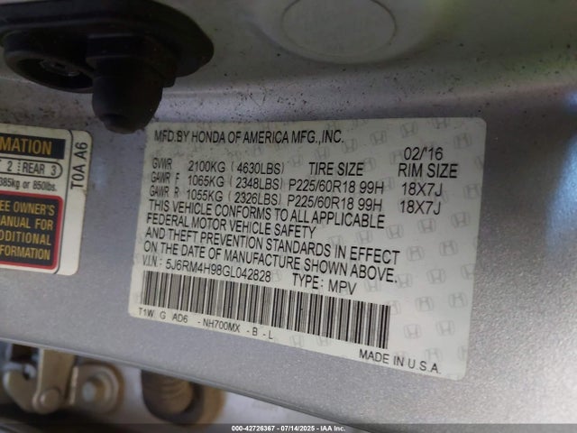Honda k24w9 2016 5J6RM4H98GL042828 Image 9