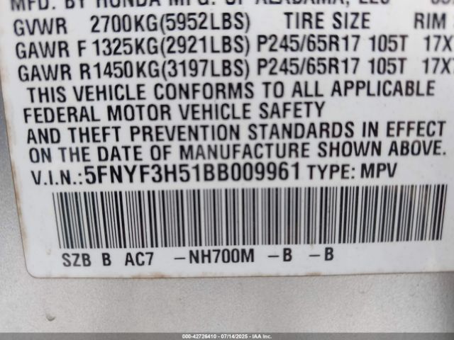2011 HONDA PILOT 5FNYF3H51BB009961 Photo 8