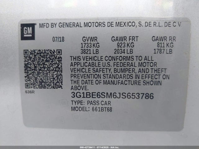 Chevrolet le2 -di: direct injection, vvt: variable valve timing, gen, alum 2018 3G1BE6SM6JS653786 Image 9