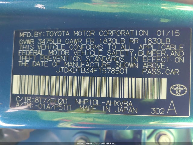 JTDKDTB34F1578501 Toyota 1nz-fxe+1lm