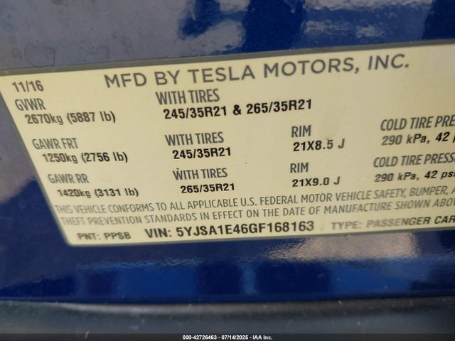 2016 TESLA MODEL S 5YJSA1E46GF168163 Photo 8