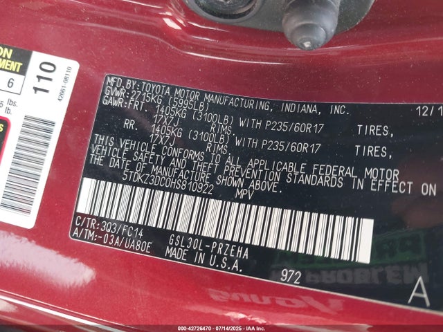 Toyota 2gr-fks 2017 5TDKZ3DC0HS810922 Image 9