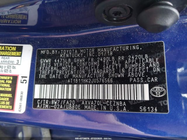 2018 TOYOTA CAMRY 4T1B11HK2JU576566 Photo 8