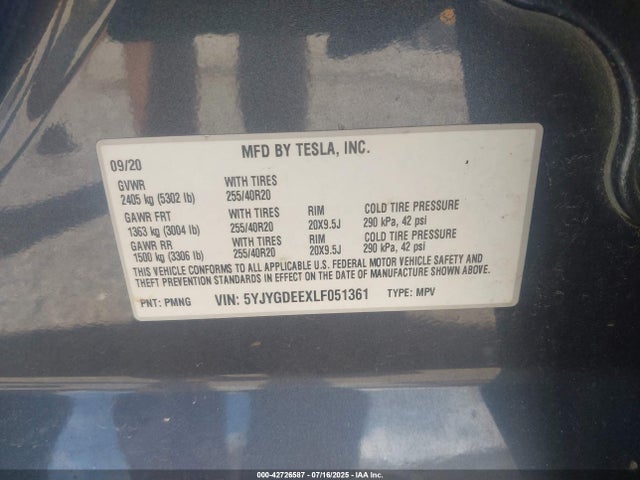 2020 TESLA MODEL Y 5YJYGDEEXLF051361 Photo 8