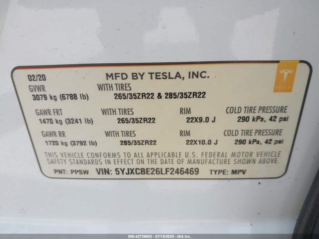 2020 TESLA MODEL X 5YJXCBE26LF246469 Photo 8