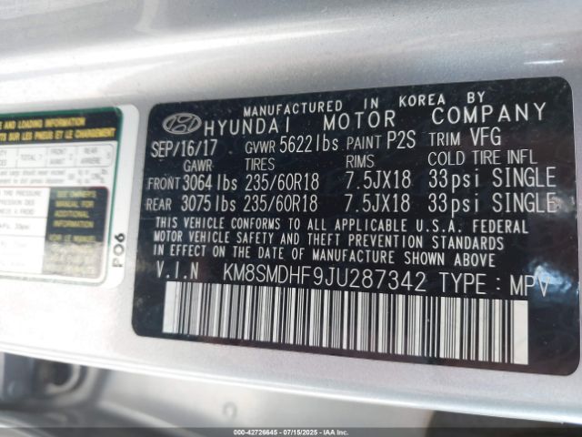 2018 HYUNDAI SANTA FE KM8SMDHF9JU287342 Photo 8
