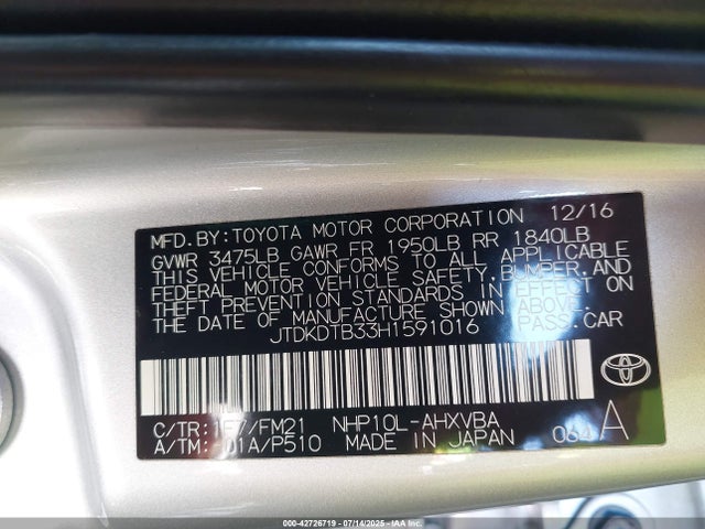 JTDKDTB33H1591016 Toyota 1nz-fxe+1lm