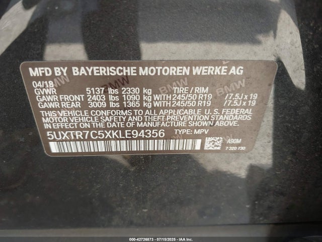 5UXTR7C5XKLE94356 BMW 2019