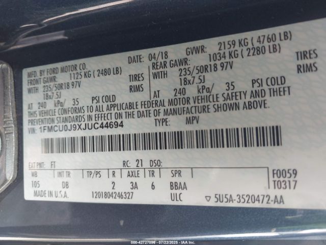 2018 FORD ESCAPE 1FMCU0J9XJUC44694 Photo 8