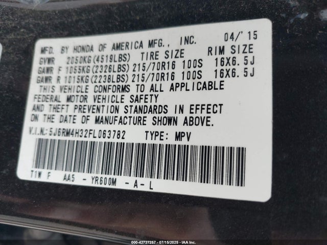 Honda k24w9 2015 5J6RM4H32FL063782 Image 9