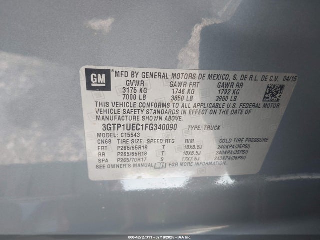 3GTP1UEC1FG340090 GMC l83 - vvt, active fuel management, aluminum