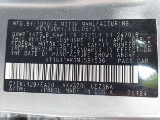 2021 TOYOTA CAMRY 4T1G11AK0MU594536 Photo 8
