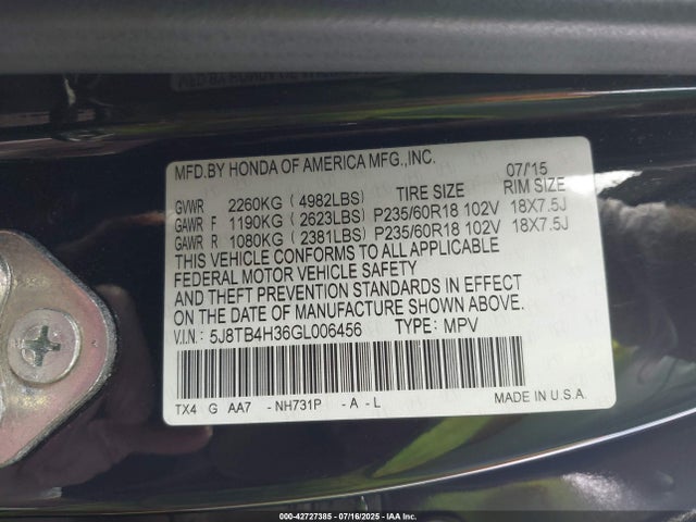 Acura j35z2 2016 5J8TB4H36GL006456 Image 9