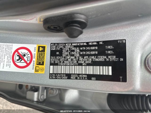 2019 TOYOTA HIGHLANDER 5TDBZRFH9KS945111 Photo 8