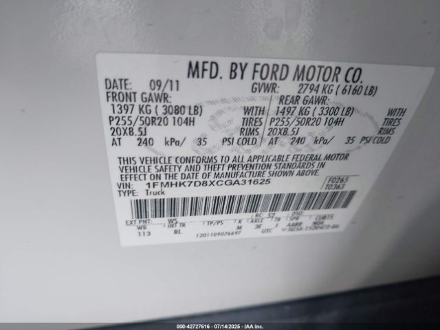 2012 FORD EXPLORER 1FMHK7D8XCGA31625 Photo 8