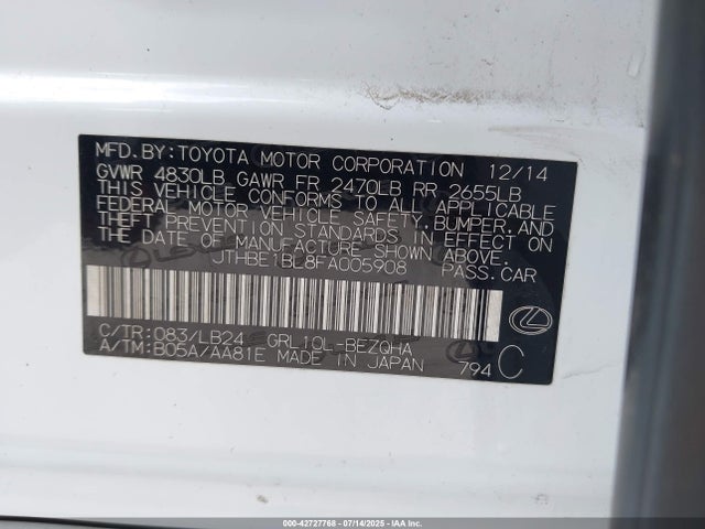 Lexus 2gr-fse 2015 JTHBE1BL8FA005908 Image 9