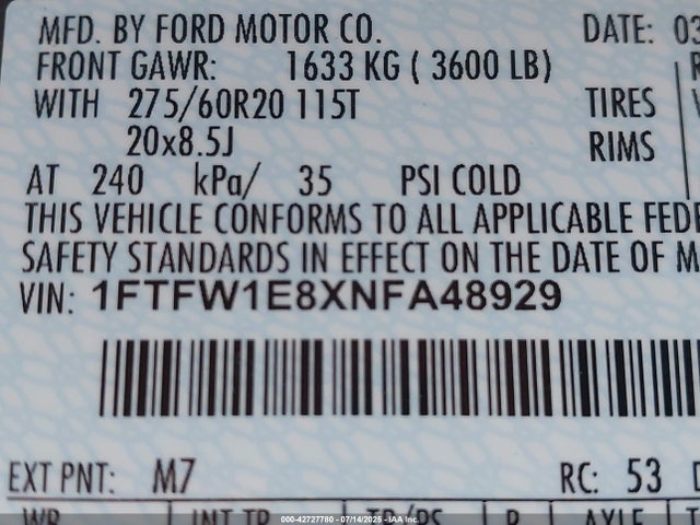 1FTFW1E8XNFA48929 Ford gtdi