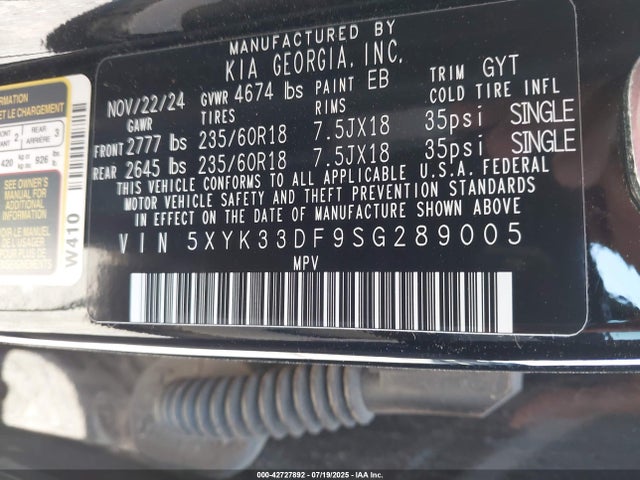 5XYK33DF9SG289005 KIA gdi theta iii