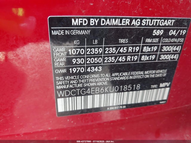 WDCTG4EB6KU018518 Mercedes-Benz m270