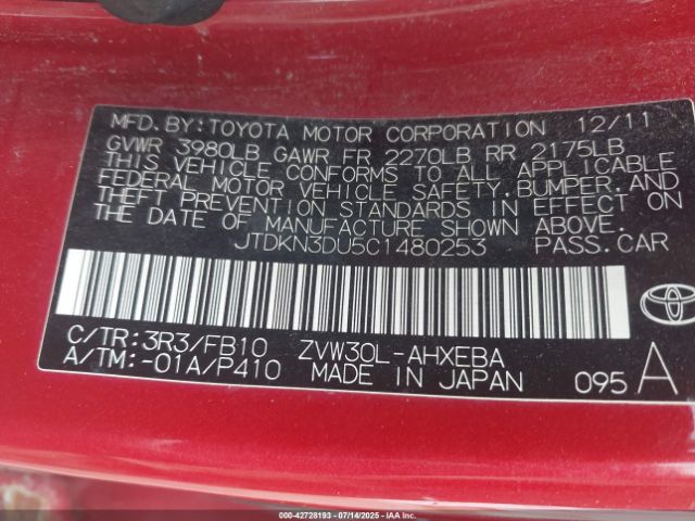 2012 TOYOTA PRIUS JTDKN3DU5C1480253 Photo 8