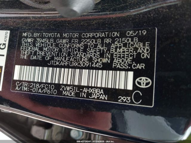 2019 TOYOTA PRIUS JTDKARFUXK3091445 Photo 8