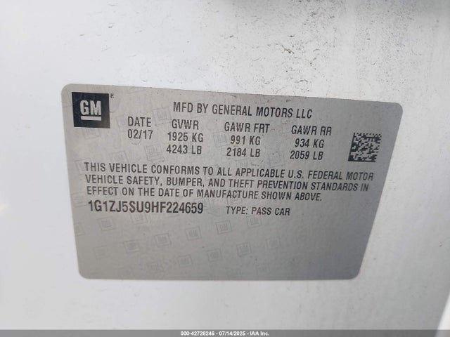 1G1ZJ5SU9HF224659 Chevrolet Lkn - Sidi: Spark Ignited Direct Injection, Vvt: Variable Valve Timing, Hybrid, Fam1, Gen4