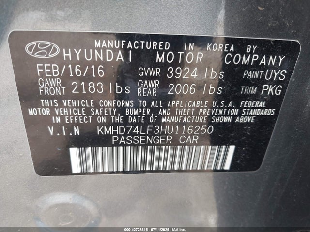 KMHD74LF3HU116250 Hyundai 2017