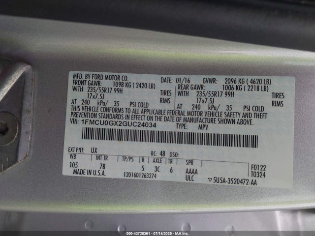 1FMCU0GX2GUC24034 Ford 2016