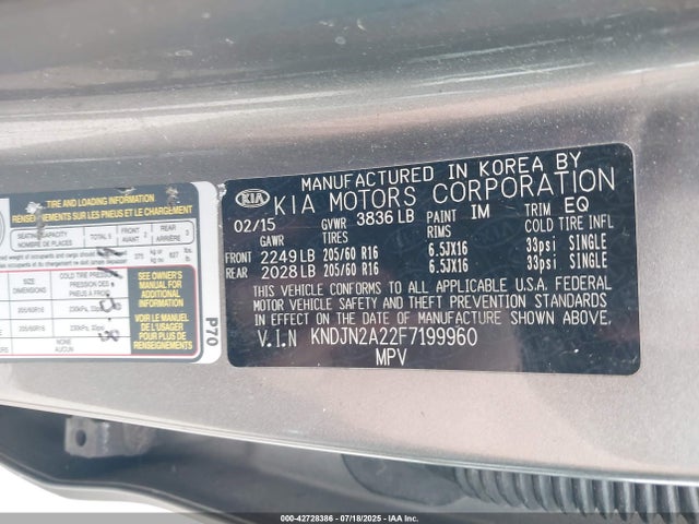 2015 Kia Soul მანქანა იყიდება აუქციონზე, vin: KNDJN2A22F7199960, აუქციონის ნომერი: 42728386