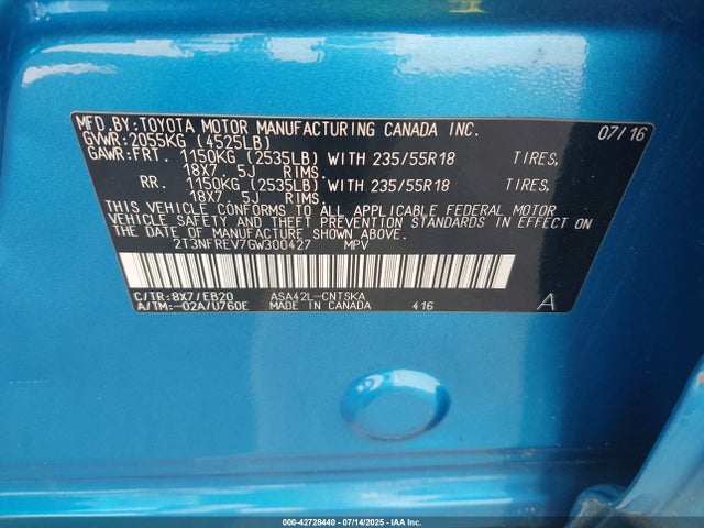 2T3NFREV7GW300427 Toyota 2ar-fe