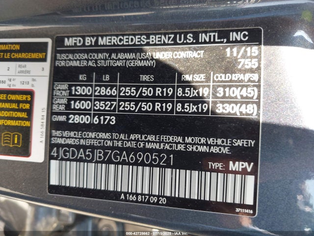 4JGDA5JB7GA690521 Mercedes-Benz m276