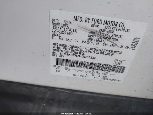 1FM5K8FH7HGB65232 Ford 2.3l gtdi