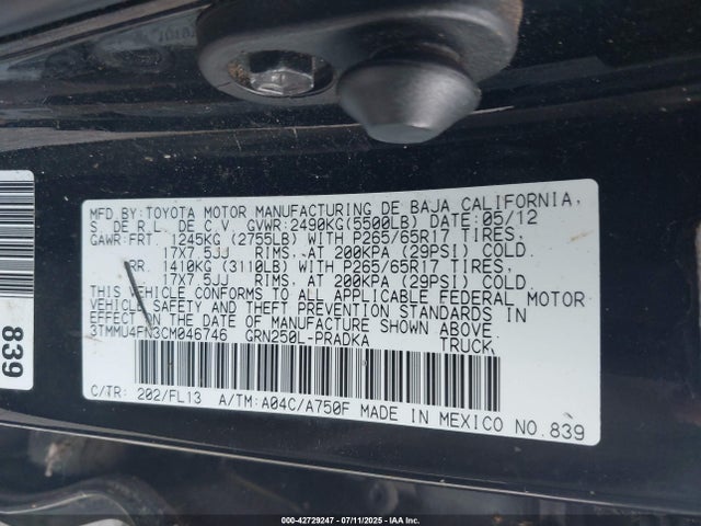 Aukcja sprzedaży 2012 Toyota Tacoma Base V6, vin: 3TMMU4FN3CM046746, numer aukcji: 42729247