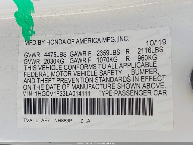 Honda l15be 2020 1HGCV1F33LA014111 Image 9
