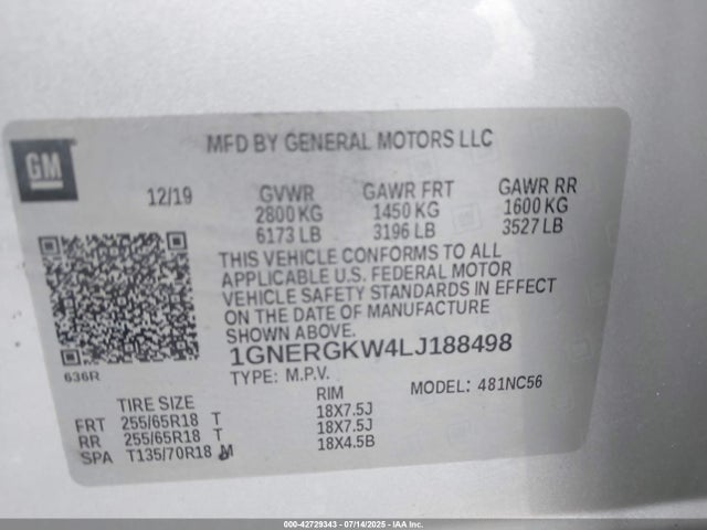 1GNERGKW4LJ188498 Chevrolet lfy - spark ignited direct injection, atss, gen 1