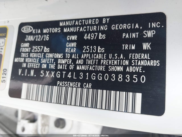5XXGT4L31GG038350 KIA t-gdi theta ii
