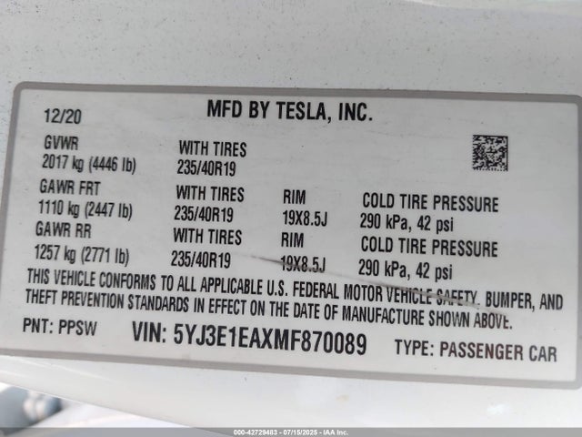 2021 TESLA MODEL 3 5YJ3E1EAXMF870089 Photo 8