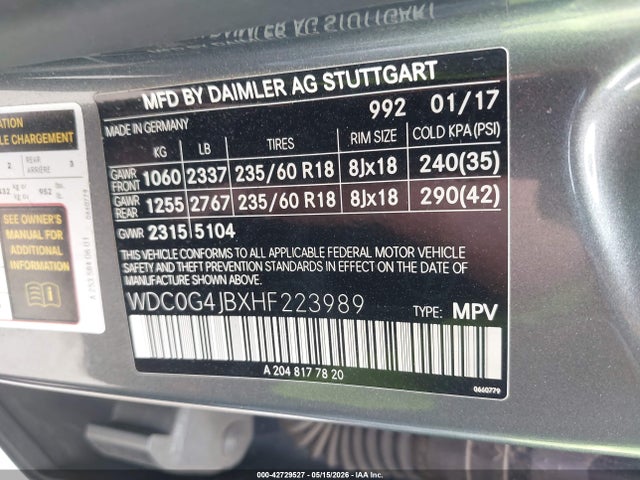 42729527 :رقم المزاد ، WDC0G4JBXHF223989 vin ، 2017 Mercedes-benz Glc 300 مزاد بيع