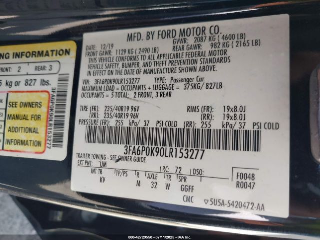 2020 FORD FUSION 3FA6P0K90LR153277 Photo 8