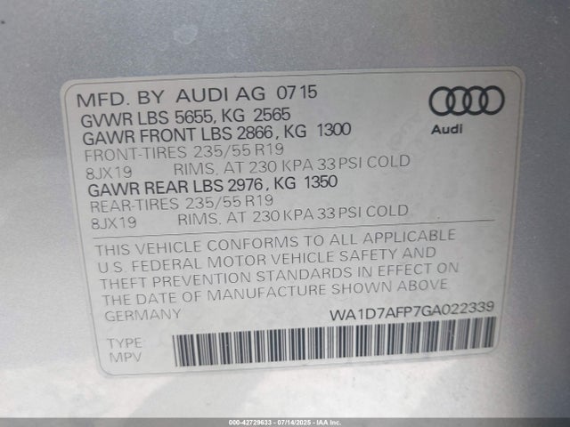 Aukcja sprzedaży 2016 Audi Q5 3.0t Premium Plus, vin: WA1D7AFP7GA022339, numer aukcji: 42729633