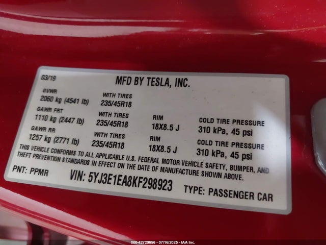 5YJ3E1EA8KF298923 Tesla 2019