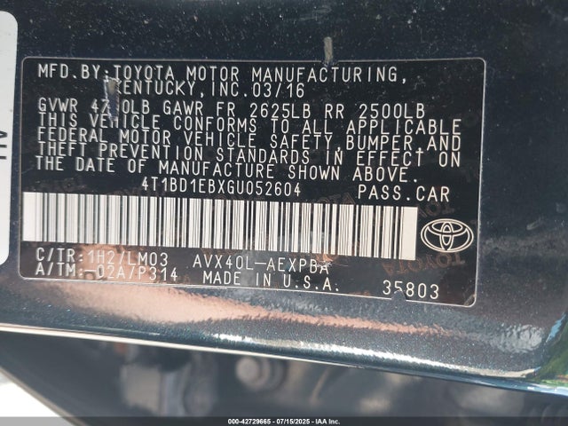 Toyota 2ar-fxe+2jm 2016 4T1BD1EBXGU052604 Image 9