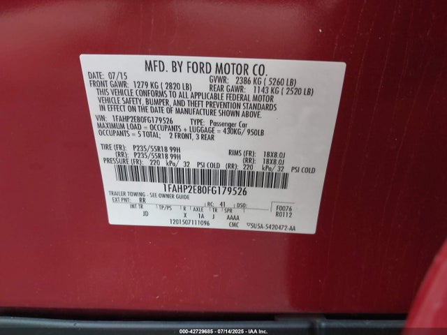 Ford Taurus 2015 1FAHP2E80FG179526 Image 9
