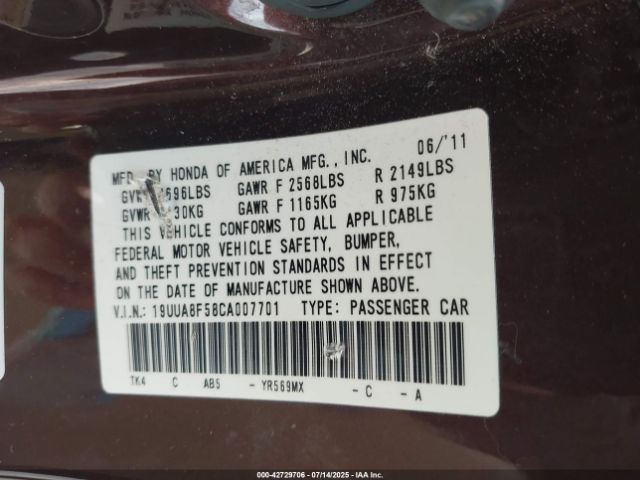 2012 ACURA TL 19UUA8F58CA007701 Photo 8